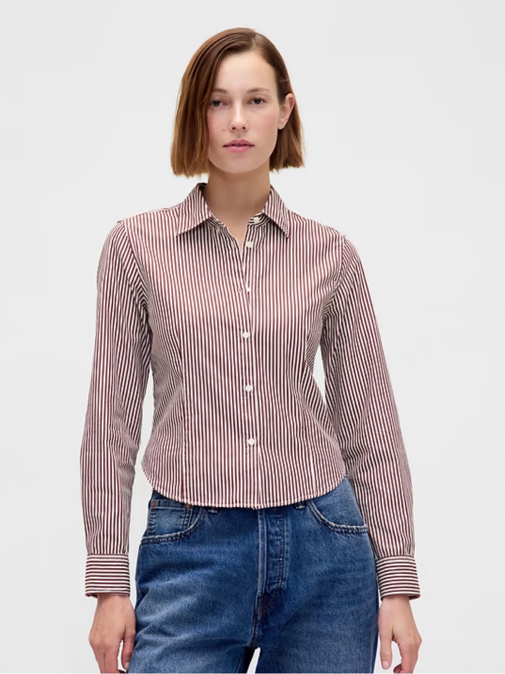 Gap Organic Cotton Fitted Crop Shirt - Red Stripes - Medium